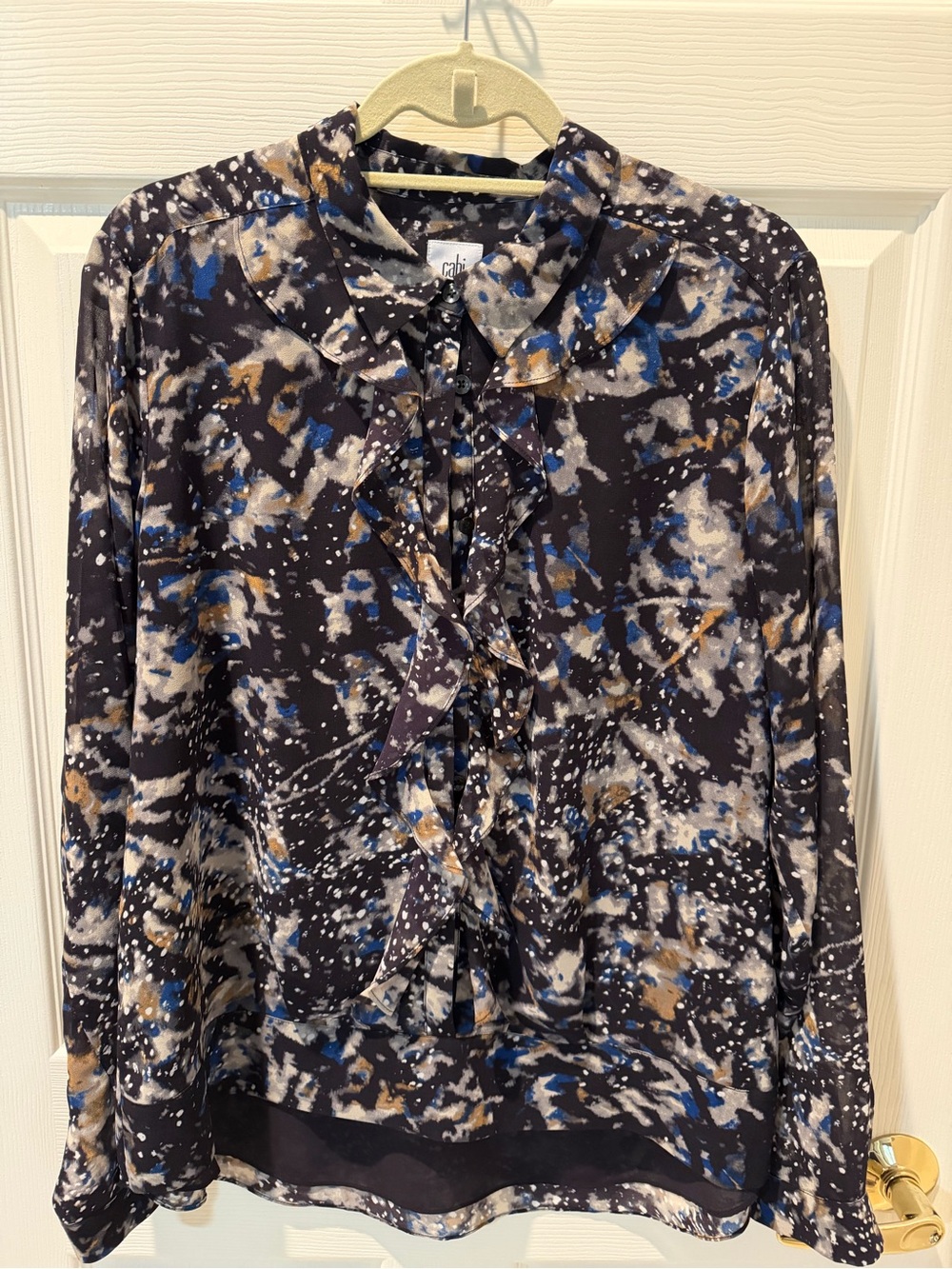 CAbi Starry Nights Black Multi Ruffle-Front Long Sleeve Blouse